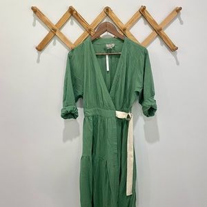 Low cut, fitted farmhouse wrap maxi